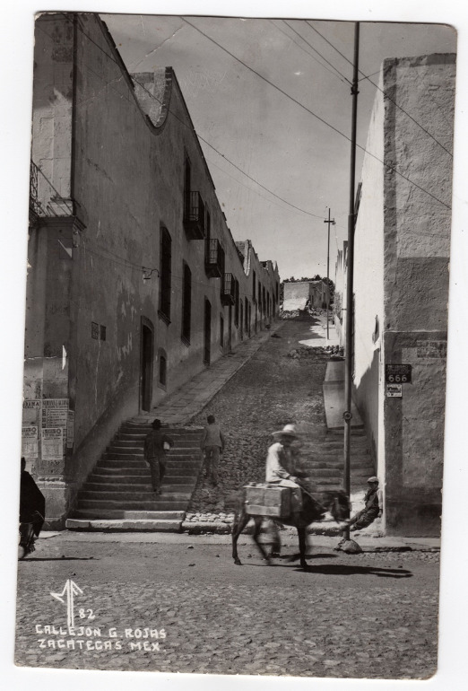 Vista ascendente del Callejón G. Rojas con transeúntes y burro carguero, mediados del siglo XX