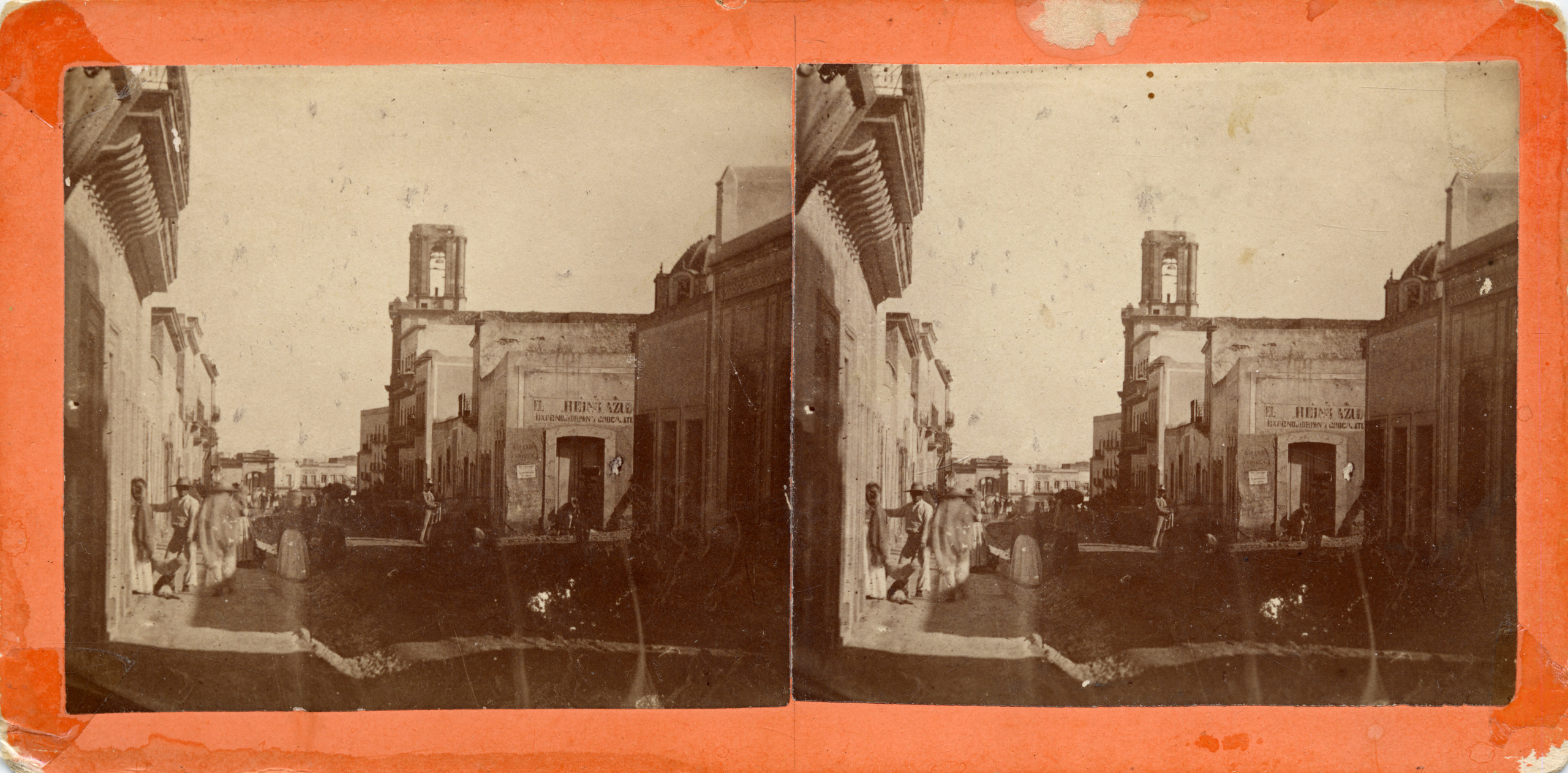 Vista estereoscópica de la calle del Gorrero, actual avenida Juárez, Zacatecas, finales del siglo XIX